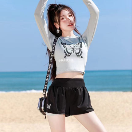 New Sports Slimming Long-sleeved Split Belly Covering Two-piece Set Conservative Student Girl's Cunnable Hot Spring Swimsuit