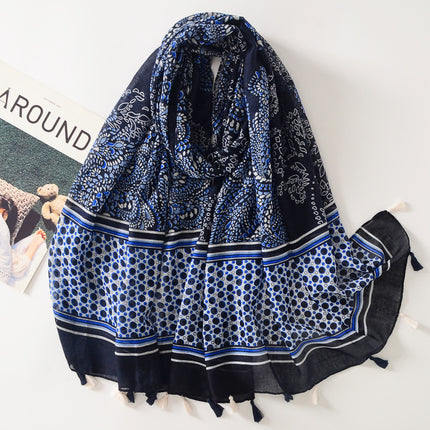 2023 New Sunscreen Beach Towel Travel Outer Wear Shawl Ethnic Style Xizang Blue Cashew Flower Cotton Linen Hand Scarf