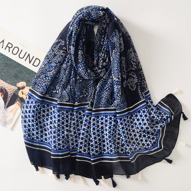 2023 New Sunscreen Beach Towel Travel Outer Wear Shawl Ethnic Style Xizang Blue Cashew Flower Cotton Linen Hand Scarf