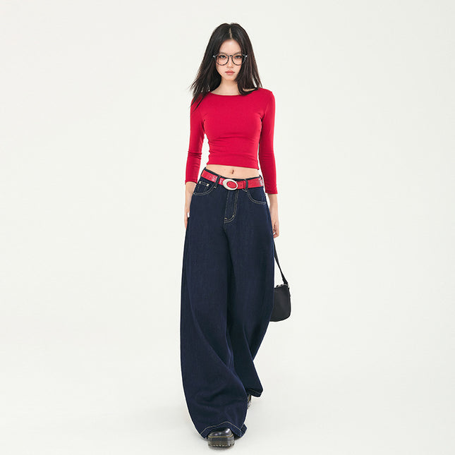 dark blue Wide Leg Jeans Women's Autumn and Winter 2024 New fleece-lined Straight Tube Loose High Waist Dipped Slim Mop