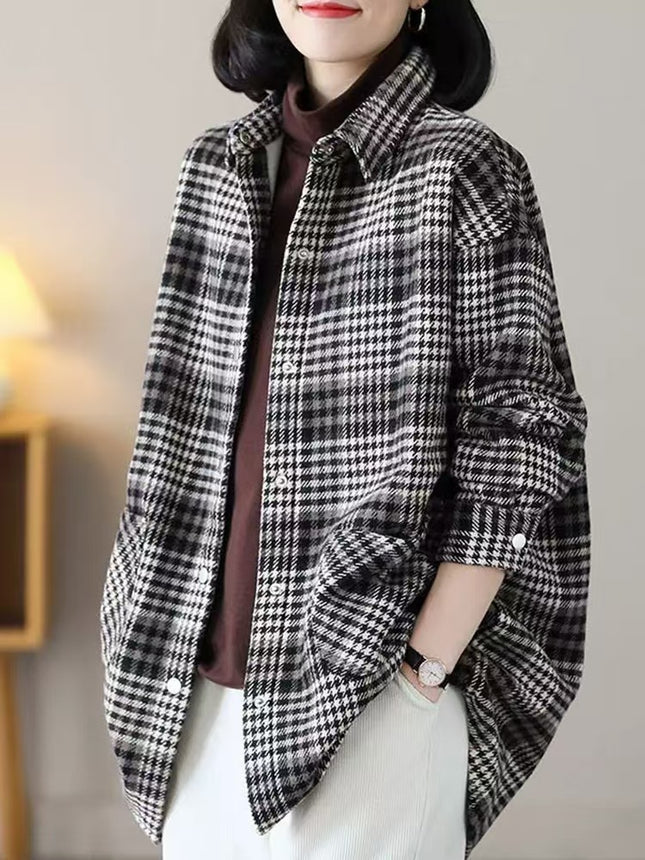 Vintage Plaid Coat Shirt Women's Loose Fashion Western Style Slim fleece-lined Thickened Scrub Lapel Cardigan Top