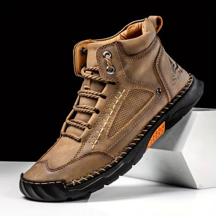 Cross-Border Plus-Size Men's Pu Leather Boots, Men's Fashion Handmade Stitched Ankle Boots, Flat Lace-Up Casual Shoes