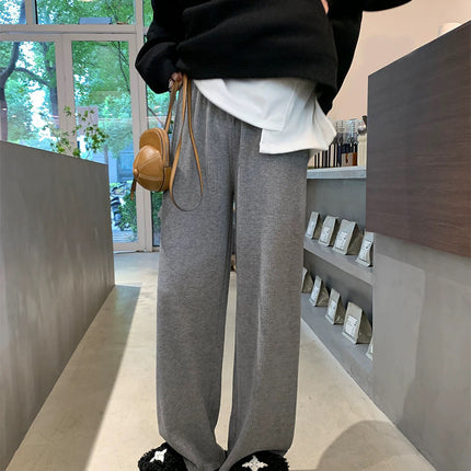 2025 New Korean Style Fine Ribbed Drape Straight-Leg Wide-Leg Pants for Women, Autumn and Winter Casual White Fleece-Lined Knit Pants