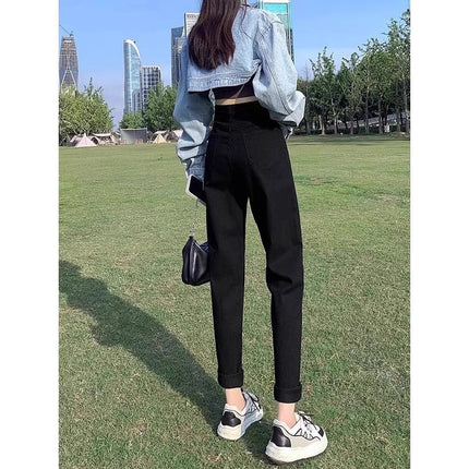 fleece-lined Thickened Black Harlan Turnip Jeans Women's Fashionable All-match New Solid Color High Waist Slimming Dad Pants