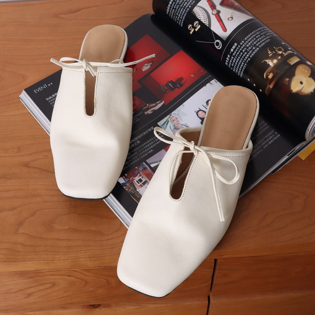 Handmade Shoes ~ Leather Muller Shoes Half Slippers Women's Outer Wear Low Heeled Square Bow One Pedal Lazy Shoes