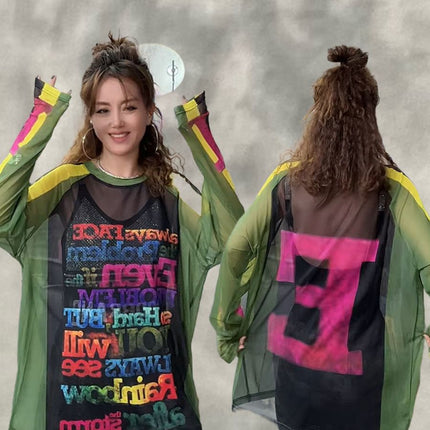 Contrast Color Mesh T-Shirt Bottoming Shirt for Women Creative Military Green Printed Loose Mid-Length Pullover Sun Protection Mesh Shirt Top t