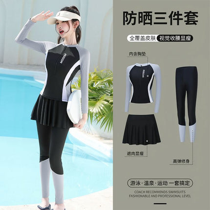 Conservative Swimsuit for Women 2025 New Slim Split Wetsuit Covering Belly Long-Sleeved Pants Sun Protection Two-Piece Set Large Size