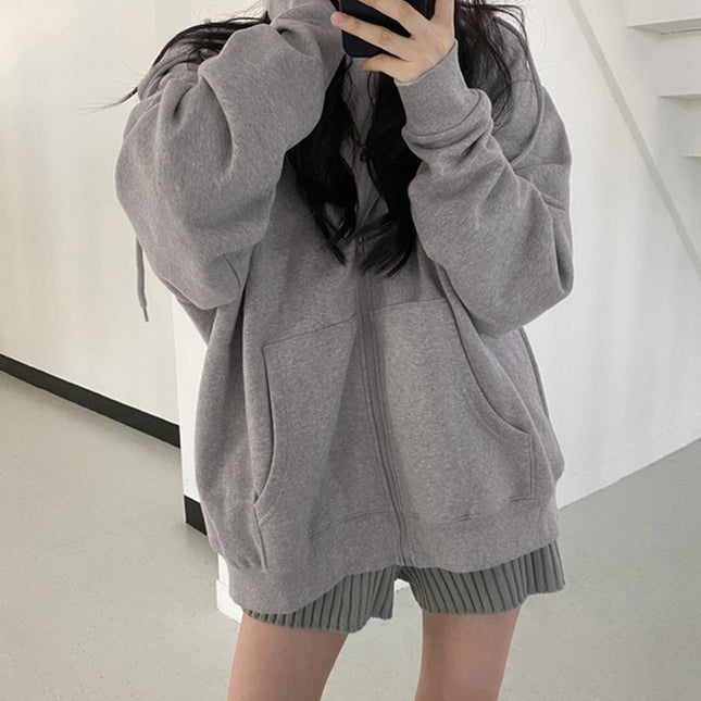 European and American Cross-border Foreign Trade Autumn and Winter Zipper Hoodie Women's Loose Cardigan Top Thickened fleece-lined Solid Color Jacket