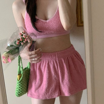 South Korea ins new solid color towel fabric camisole elastic waist loose shorts women's split swimsuit