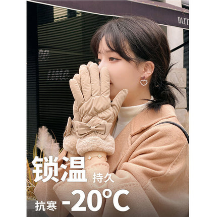 Down Cotton Gloves Women's Winter Bow Fingers Plus Fleece Windproof Cold-proof Skiing Five-finger Warm Touch Screen Cycling