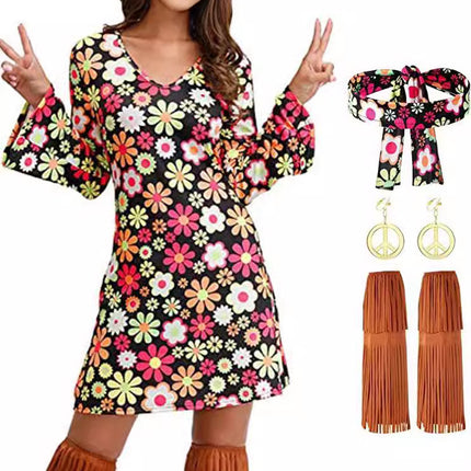2026 Amazon Halloween Cross-Border Women's Clothing 1970S 1980S Hippie Clothing Printed Dress