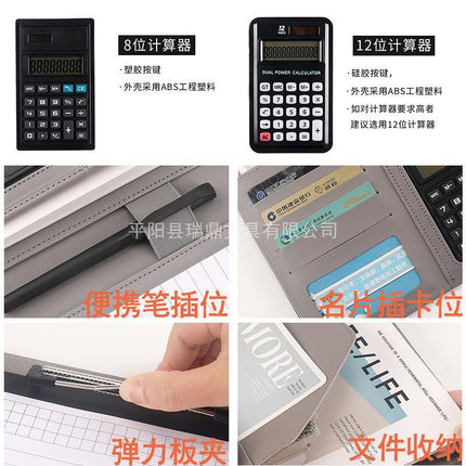 A4 Leather File Clipboard with 8-Digit Calculator Multi-Functional Manager Clip Car 4S Shop Folder to Make Log Storage