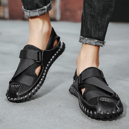 Cross-Border Hot-Selling Summer New Products Large Size Hand-Stitched Casual Breathable Mesh Genuine Leather Toe-Cap Sandals and River Shoes