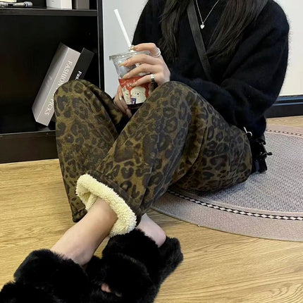 [Add fertilizer to increase] winter fleece-lined thick lambswool plat pants women's high waist warm casual pants