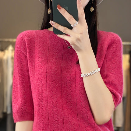 23 woolen sweater women's round neck short sleeve knitted bottoming shirt half sleeve hollow-out design top wholesale