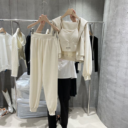 Autumn New Fashion Casual Sportswear Suit for Women, Long-Sleeved Hooded Jacket, Stylish Vest, Leggings Pants, Three-Piece Set