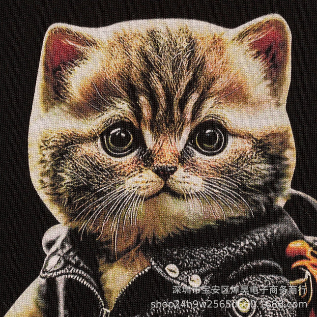 Kangli High-Quality Spray-Printed Cute Cat Trendy Men's Personalized Short-Sleeved Long-Staple Cotton High Street Loose Couple T-Shirt