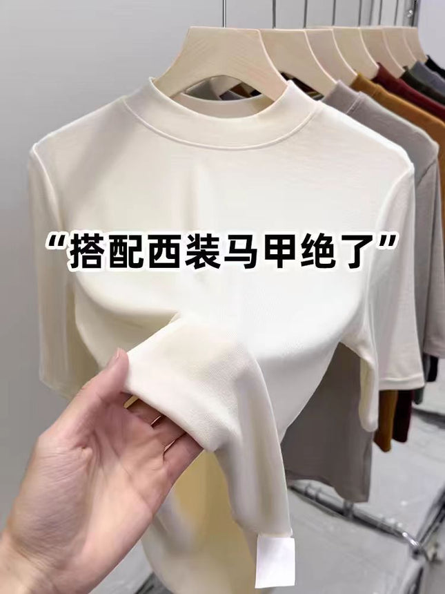 2025 New Style Half-High Collar Solid Color Five-Quarter Sleeve Inner Layering Shirt for Women, Versatile Spring Slimming and Elegant Top T-Shirt