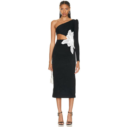 Intellectual style fashion one-shoulder dress elegant high-grade goddess fan waist flower decorative bandage dress for women