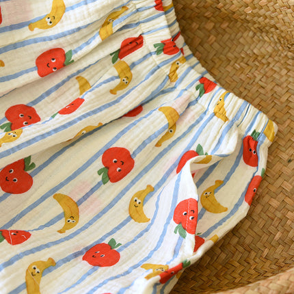 Summer Pure Cotton Crepe Lapel Short-Sleeved Shorts Pajamas Two-Piece Set for Women Apple Banana Loose Thin Home Clothes