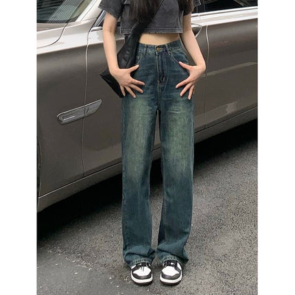 Petite Retro Blue High-Waisted Wide-Leg Jeans for Women 2024 Drapey Loose Slimming Straight-Leg Floor-Length Pants