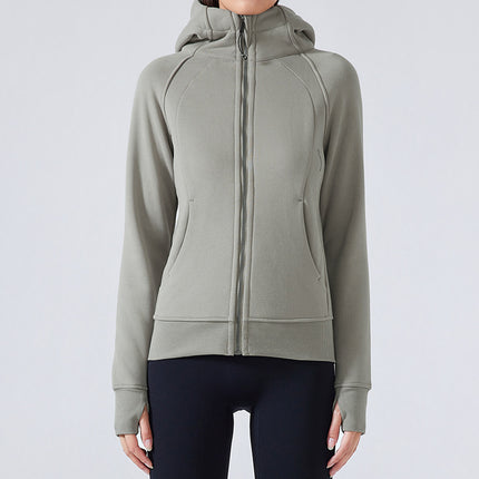 Sports Sweatshirt Jacket Autumn and Winter New Color Jacket Zipper Hooded Fleece-Lined Thickeneded Warm Running Fitness Yoga Wear for Women