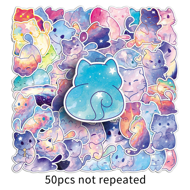50 Original Watercolor Starry Sky Cat Cartoon Dreamy Soft Cute Animal Pattern Stickers Notebook Desktop Decoration Stickers