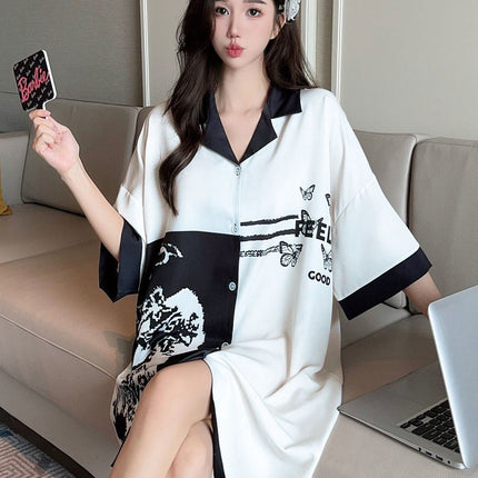 Summer New Style Fashionable Pure Lust Sexy Ice Silk Shirt Pajamas Loose High-End Home Wear Suit for Women