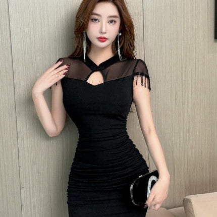 Real Pat 8801 Nightclub Sexy dress Foot Bath Technician Work Clothes New Chinese Cheongsam Tight Pleated Hip Skirt
