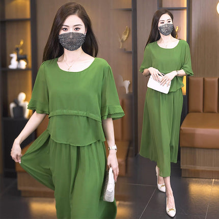 plus size Women's 2024 Summer New Fashion Celebrity Style Elegant Loose Slimming Green Round Neck dress
