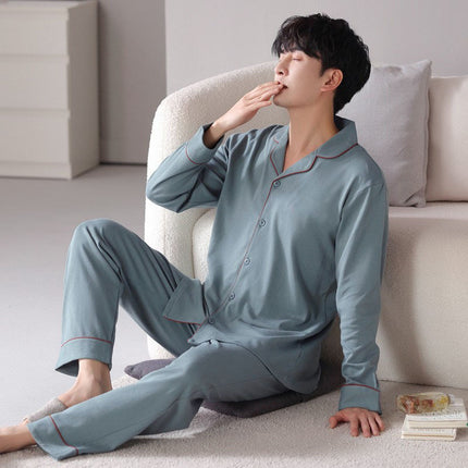 High-End Men's Pajamas Spring and Autum New Pure Color Long-Sleeved Pants Scandinavian Style Imitation Cotton Home Wear Set