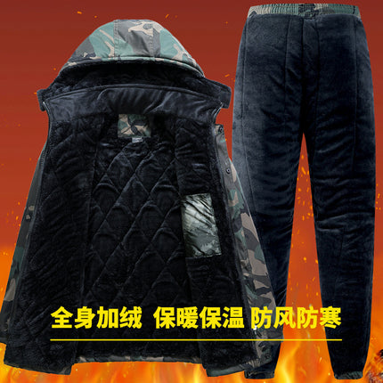 Camouflage Cotton-Padded Jacket for Men in Winter, Thickeneded Cold-Proof Labor Protection Cotton Outwear, Work Clothes, Winter Clothing, Mid-Length Cold Storage Cotton-Padded Jacket and Cotton Pants