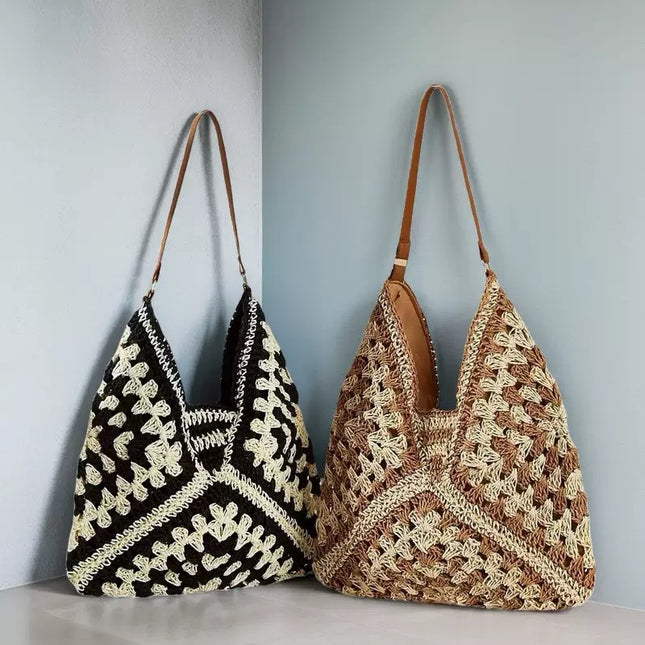 Straw Bag Women's Large-Capacity Bag New Chinese Style Color Matching Shoulder Bag Summer Seaside Vacation Bag Woven Bag Armpit Bag