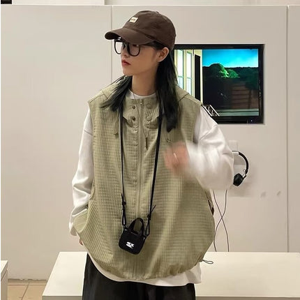 Japanese Style Retro Waffles Hooded Vest Men's and Women's Loose Overalls Sleeveless Stacked Jacket Fashionable navy blue