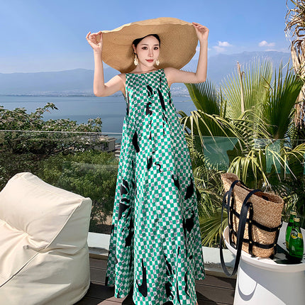Real Shot Green Checkerboard Dress Women's Artistic Asymmetrical Neck Backless Vacation Strap Long Dress