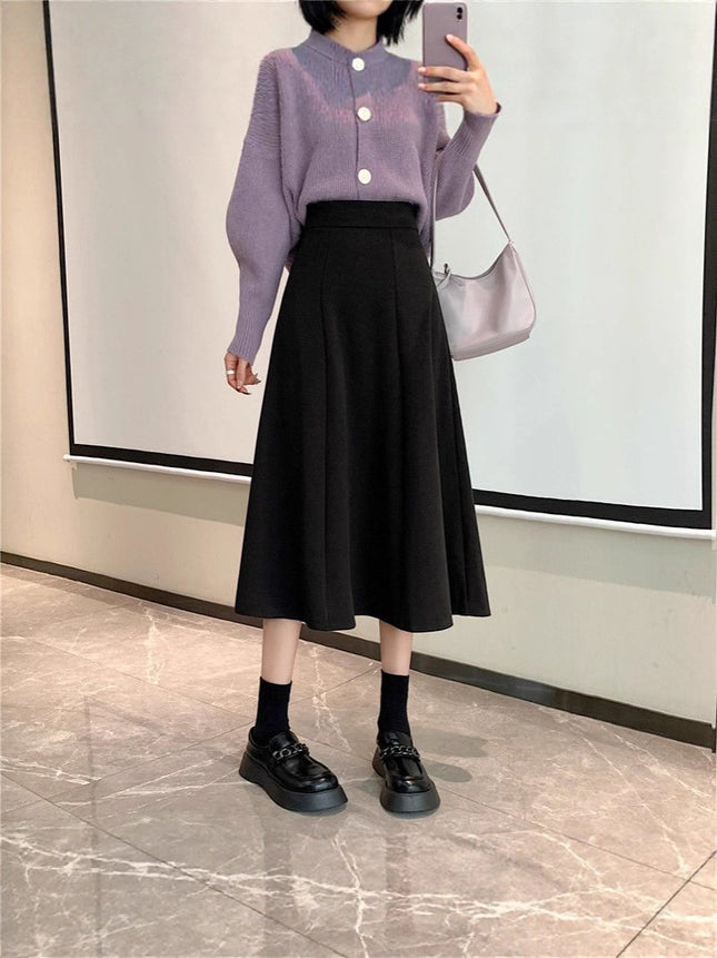 French Twill Brushed Skirt Women's High-Waisted A-Line Mid-Length Skirt Umbrella Skirt Spring Autumn Winter Petite Skirt
