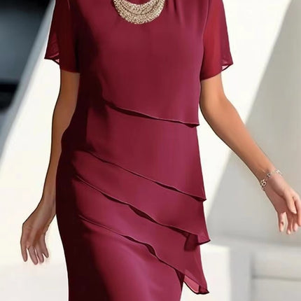European and American Cross-Border Amazon Wish Export Women's Pure Color Short-Sleeved Glitter Ruffled Round Collar Casual Dress