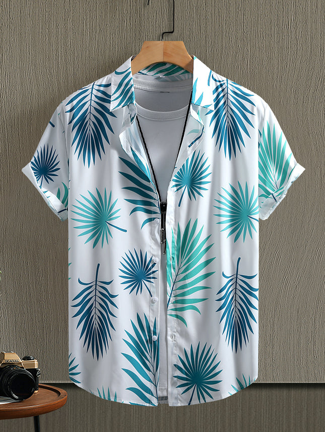 Hawaii vacation men's light green palm leaf men's short sleeve shirt men's shirt summer 2025 new cross-border