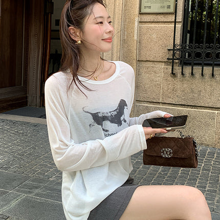 Lyocell Lazy Style Retro Dog Print Sun-Protective Long-Sleeve T-Shirt Summer Loose Versatile Top Blouse Versatile Top