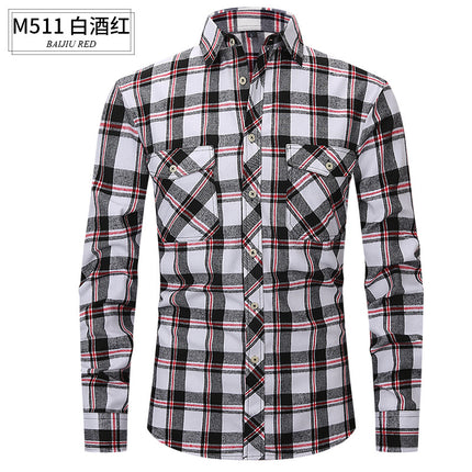 Spring and Summer Slim Amazon Fashion Brushed Plaid High-End Long-Sleeved Double Pocket Flannel Men's Shirt