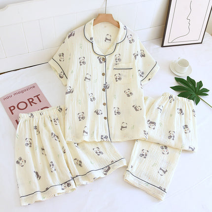 Various Style Spring and Summer Cotton Crepe Pajamas Sweet Three-Piece Short-Sleeved Trousers Spring and Autumn Loose Casual suit