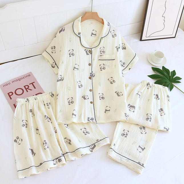 Various Style Spring and Summer Cotton Crepe Pajamas Sweet Three-Piece Short-Sleeved Trousers Spring and Autumn Loose Casual suit