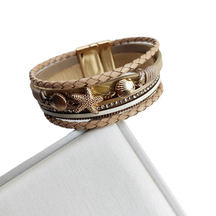 Cross-border Hot Sale New Style Shell Starfish Bracelet Diamond-encrusted Multi-layer Magnetic Bracelet Bohemian Woven Leather Bracelet