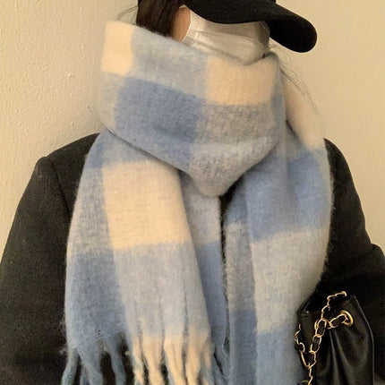 Factory new solid color haze blue scarf women's winter fluffy hair thickened students white students warm scarf