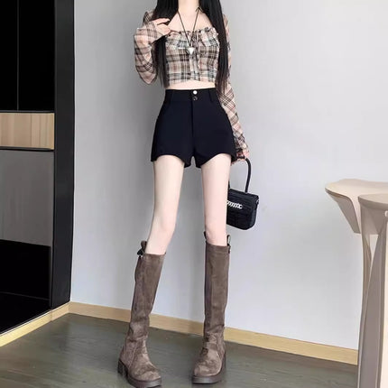 2024 Irregular Shorts Women's New Spring and Summer Outer Wear High Waist Slim Elegant Slim Fit Black Hot Shorts