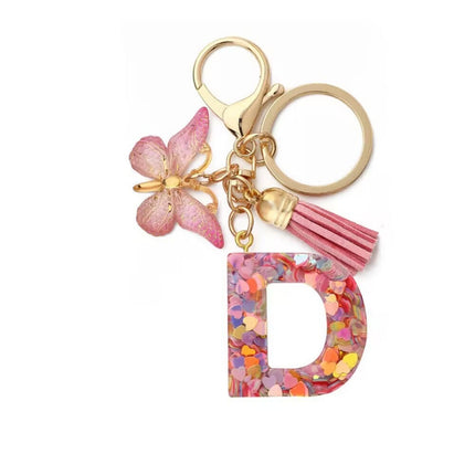 1 Px Pink Heart Sequins Resin English Letter Key Chain Pendant Butterfly Tassel Accessories Key Hanging
