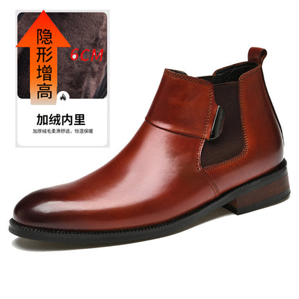 High-grade winter business leather boots suit British first layer cowhide light luxury casual slip-on height increasing Chelsea boots men's boots