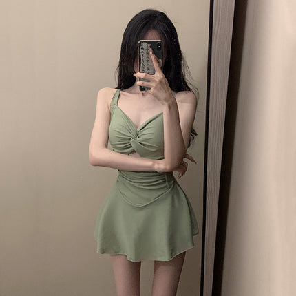 One-Piece Swimsuit, Feminine Hot Spring Bathing Suit, Slimming Look, Belly-Covering, High-End Conservative Small-Breasted Push-Up Halter Swimsuit