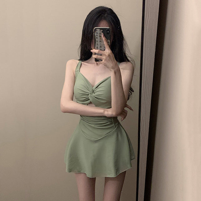 One-Piece Swimsuit, Feminine Hot Spring Bathing Suit, Slimming Look, Belly-Covering, High-End Conservative Small-Breasted Push-Up Halter Swimsuit