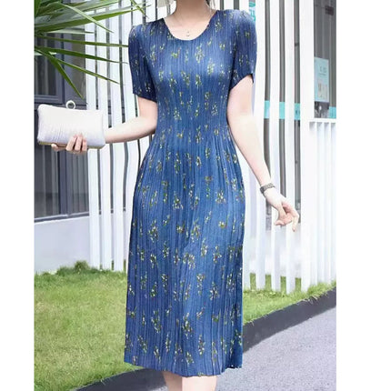 Miyake pleated 2025 summer new temperament round neck printed pleated skirt fashion waist thin magic dress